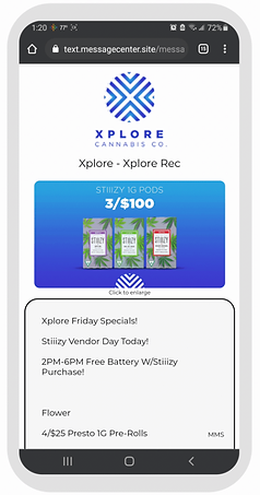 SMS, one-click continue, and message center for dispensary marketing